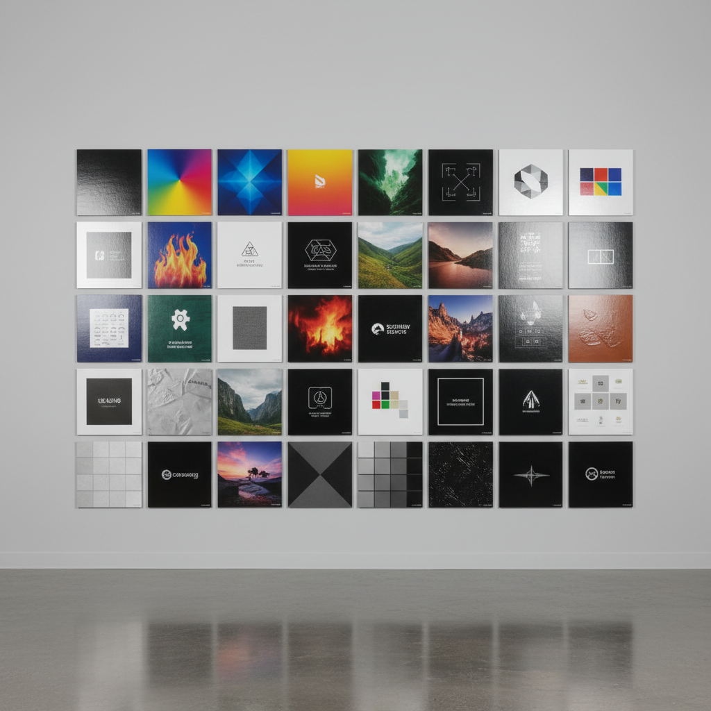 A vibrant wall of color-calibrated sample prints arranged in a precise grid on a smooth, light gray studio wall, showcasing a spectrum of designs: bold infographics, rich photographic posters, minimalist logos, and textured spot-finish samples. Each piece is mounted perfectly straight, with even spacing between edges, displaying a range of glossy, matte, and soft-touch finishes. Neutral, diffused studio lighting washes evenly across the wall, eliminating harsh shadows while creating delicate reflections that reveal surface variations. The polished concrete floor below reflects a subtle, softened version of the color grid. Shot from a straight-on eye-level perspective with sharp focus across the entire frame, the photographic realism and clean, gallery-like aesthetic highlight versatility, precision color control, and standout visual solutions for every style of print.