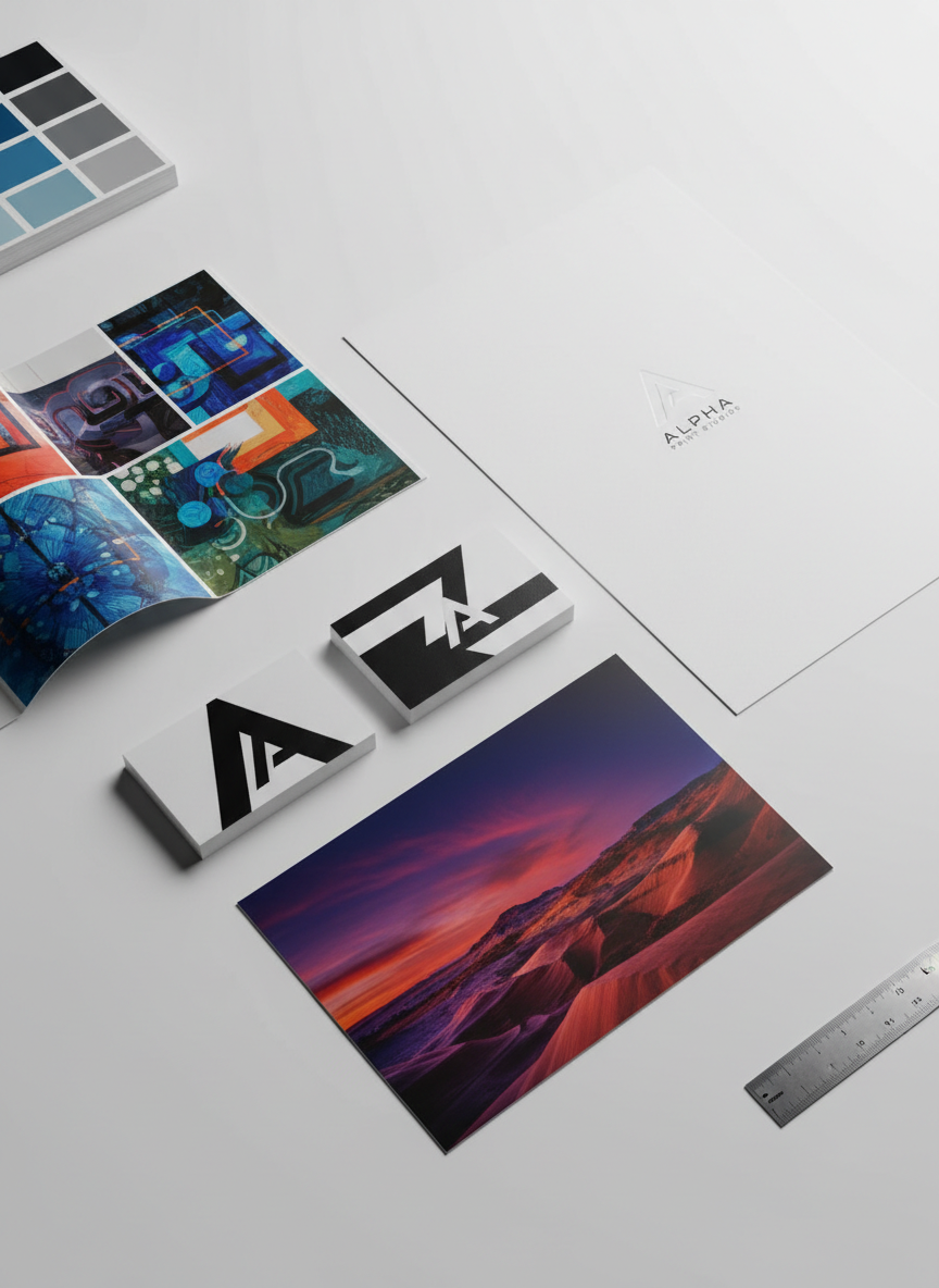 A meticulously arranged flat lay of premium printed materials spread across a clean, matte white studio table. At the center, a thick, satin-finished business card with bold, high-contrast graphics and spot UV gloss catches the light, surrounded by a tri-fold brochure with vivid imagery, a perfectly aligned letterhead, and a rigid postcard showcasing rich, saturated colors. Soft, diffused studio lighting from above creates gentle shadows and crisp highlights along the paper edges, emphasizing texture and print quality. The background remains uncluttered, with a few neatly placed color swatch books and a metal ruler at the edges of the frame. Captured at an eye-level overhead angle with sharp focus throughout, the photographic realism and modern, minimal aesthetic convey precision, professionalism, and standout visual solutions.