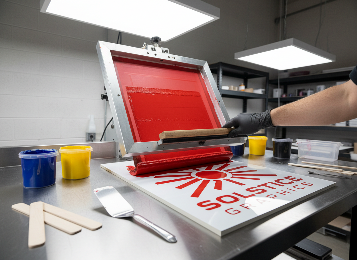 A meticulously organized screen printing station showcasing a single, bold graphic being printed onto a rigid signage panel. The aluminum screen frame is locked into a clean, modern press, with rich, opaque ink being smoothly pulled across the mesh by a rubber squeegee frozen mid-pass. The design beneath reveals crisp lines and solid, vibrant color on a pristine, semi-gloss board. Around the press, neatly arranged ink containers, color mixing sticks, and a stainless-steel spatula rest on a spotless stainless work surface. Bright, even workshop lighting from overhead fixtures illuminates the scene, creating soft reflections on metal and wet ink. Captured from a slightly elevated three-quarter angle with moderate depth of field, the photographic realism, ordered composition, and energetic mood communicate hands-on craftsmanship and professional-grade visual production.
