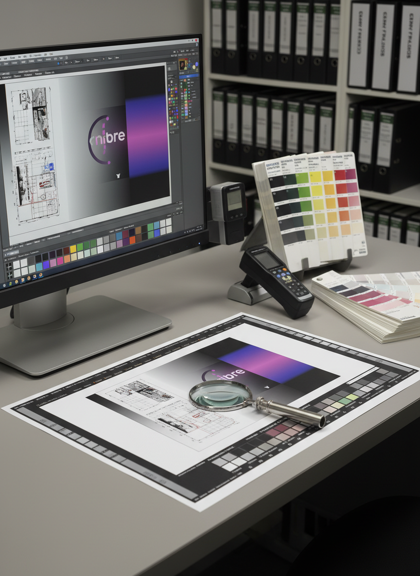 A high-precision digital proofing station featuring a large, color-calibrated monitor displaying a detailed print layout beside a real-world printed proof on a smooth, neutral gray desk. The printed proof shows vivid imagery with tight registration marks, color bars, and crop marks clearly visible along the edges. A professional-grade spectrophotometer rests beside a neatly aligned fan of Pantone swatch books and a metal magnifier loupe. Balanced, neutral studio lighting minimizes glare, allowing accurate color rendition on both screen and paper. The background includes softly blurred shelves with organized sample binders and additional calibrated equipment. Shot from a slightly elevated angle focusing on the relationship between monitor and proof, with crisp, photographic realism and a clean, technical aesthetic, the mood is meticulous, analytical, and confidently professional, emphasizing color accuracy and print quality control.