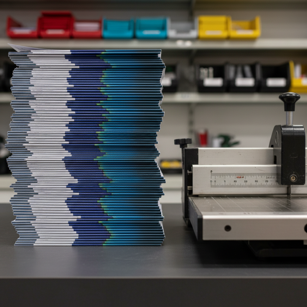 A stack of freshly printed, perfectly aligned marketing booklets resting on a smooth, dark charcoal workbench in a modern print shop. Each booklet features a bold, full-bleed cover image with precise registration and crisp folds, the edges forming a clean, geometric line. Nearby, a calibrated paper cutter with a gleaming steel blade and precisely marked measurement grid suggests finishing precision. Overhead LED lighting casts clear, neutral illumination, creating subtle specular highlights along the paper edges and gentle shadows beneath the stack. In the softly blurred background, neatly shelved reams of colored paper and labeled finishing tools contribute to a sense of order. Captured from a low, side angle with moderate depth of field, the photographic realism and structured composition convey reliability, craftsmanship, and high-end printed results.