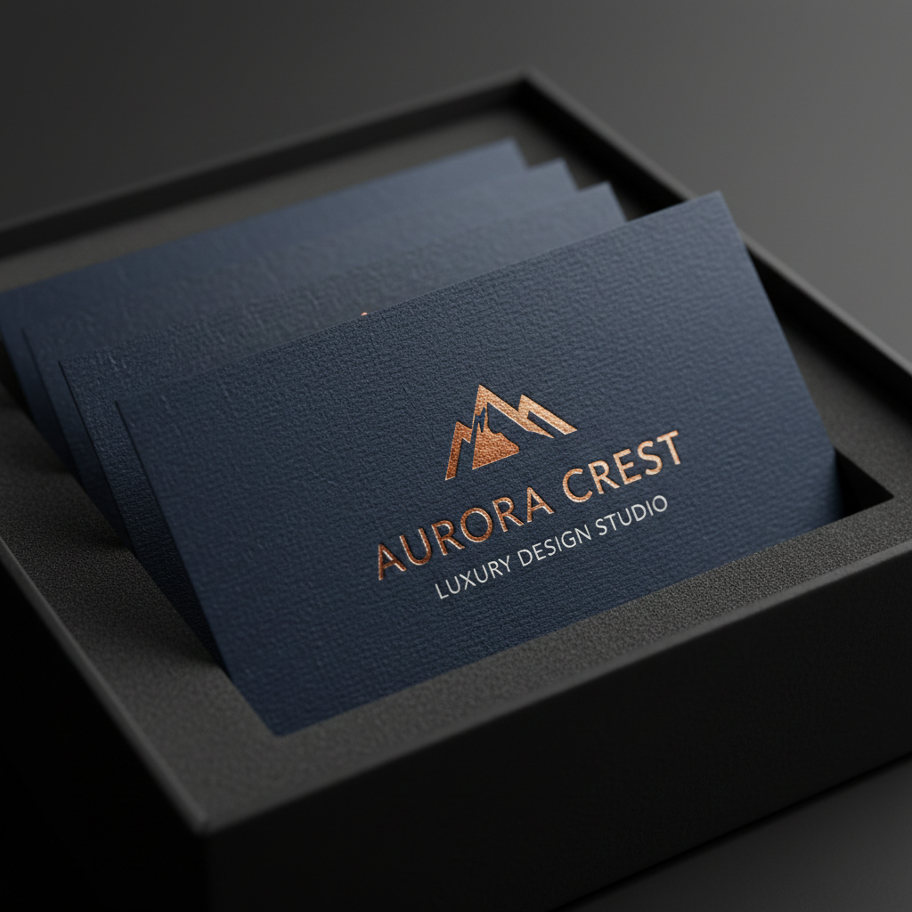 A close-up, macro-style view of a premium, textured business card partially tucked into a sleek, matte-black presentation box lined with smooth foam. The card features embossed metallic foil lettering and a deep, rich color field that contrasts with the subtle tooth of the cardstock, every fiber and raised element captured in precise detail. A few other cards, slightly out of focus, form a gentle fan shape within the box. Directional side lighting from a single soft studio source creates dramatic, yet refined shadows, accentuating depth and material quality without feeling harsh. The background fades into a dark, neutral blur, keeping attention on the craftsmanship. Shot with an extremely shallow depth of field and photographic realism, the mood is luxurious, professional, and focused on high-impact visual identity.