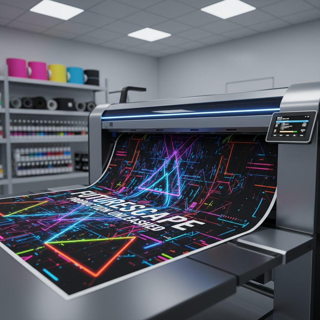 A sleek, large-format poster emerging from a high-end, wide-format printer in a spotless production studio. The poster features a vibrant, abstract geometric design with deep blacks, neon accents, and razor-sharp typography, printed on semi-gloss heavyweight stock. The printer’s metallic components and illuminated control panel add technical detail, while neatly stacked rolls of vivid-colored media and organized ink cartridges line shelves in the softly blurred background. Cool, even studio lighting from ceiling panels creates subtle reflections on the printer housing and the print surface, highlighting color depth and clarity. Shot from a three-quarter angle at eye level with shallow depth of field, the composition draws the viewer’s eye along the length of the emerging print. The mood is dynamic and cutting-edge, emphasizing photographic realism and a clean, professional environment.